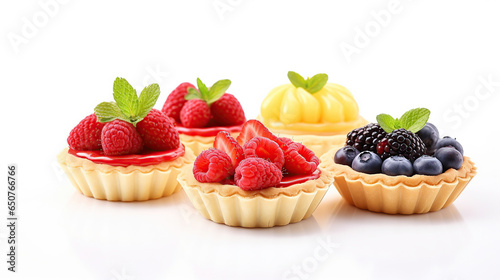 perspective of Set of Fresh fruit tart  Isolated on white background.