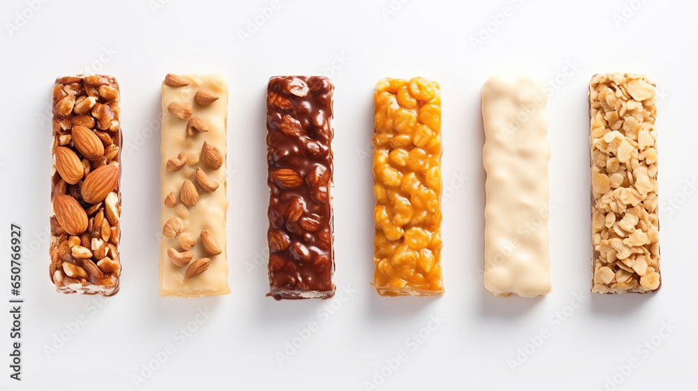 Perspective of Set with different delicious granola protein bars on isolated on white background. - obrazy, fototapety, plakaty 