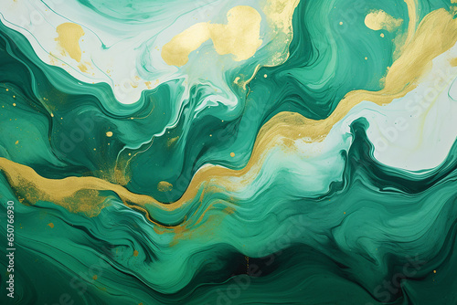 Abstract marble marbled ink painted painting texture luxury background banner Green waves swirl gold painted splashes