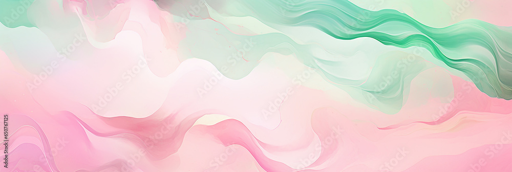 Abstract watercolor paint background illustration web design - Soft pink-green pastel color waves, with liquid fluid marbled paper texture banner texture