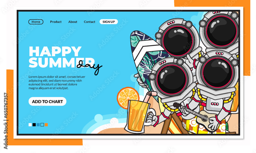 happy summer landing page with astronauts in the beach vector character - obrazy, fototapety, plakaty 
