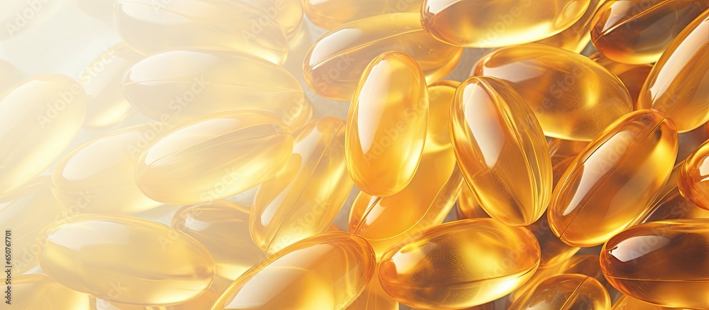 Stack of omega 3 capsules in pile background Close up of large golden pills texture Daily health supplement Top view copy space isolated pastel background Copy space Stack of omega 3 capsules in pile background Close up of large golden pills texture Daily health supplement Top view copy space isolated pastel background Copy space