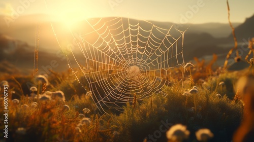 A spider web glistening in the sunlight in a vast open field photo
