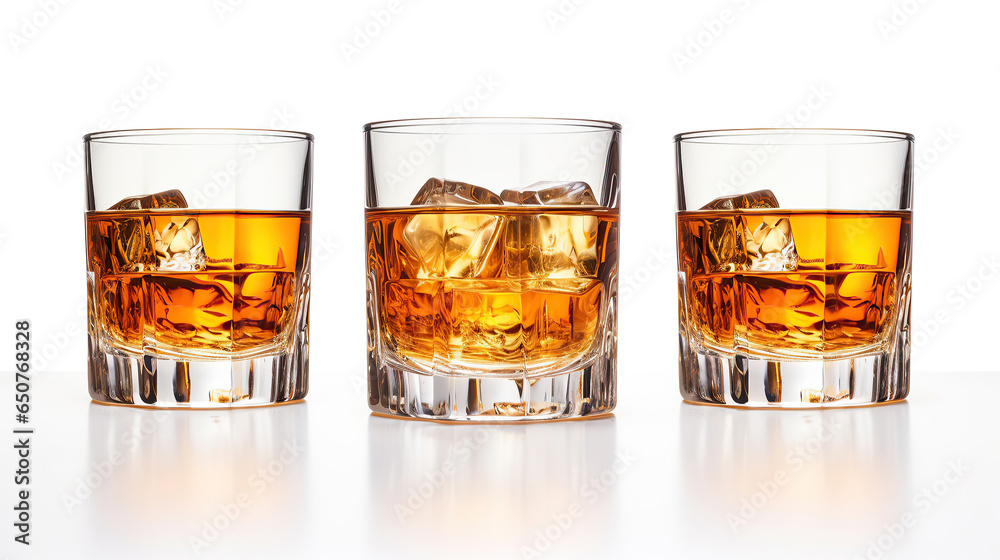Set of glass of whiskey or whisky or american Kentucky bourbon with its reflection on the plane. - obrazy, fototapety, plakaty 