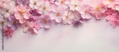 Primula petals on a black spring background isolated pastel background Copy space