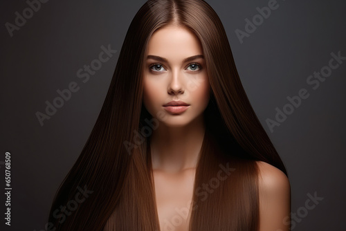 young woman with straight long brown shiny hair, concept of Beauty and hair care with keratin