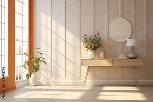 Southern Residential Home Interior with Pine Wood Console Table with Drawers, Table Lamp with White Shade, Round Mirror, Orange Accent Wall
