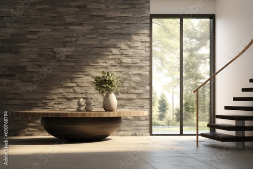 Billede på lærred Minimal Modern Foyer Home Interior with Grey Stone Accent Wall, Heavy Sustainabl