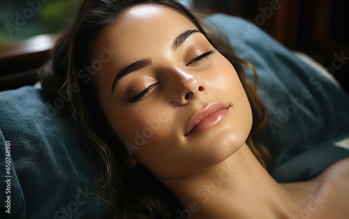 Beautiful woman in a SPA center lying and getting face massage. Generative AI