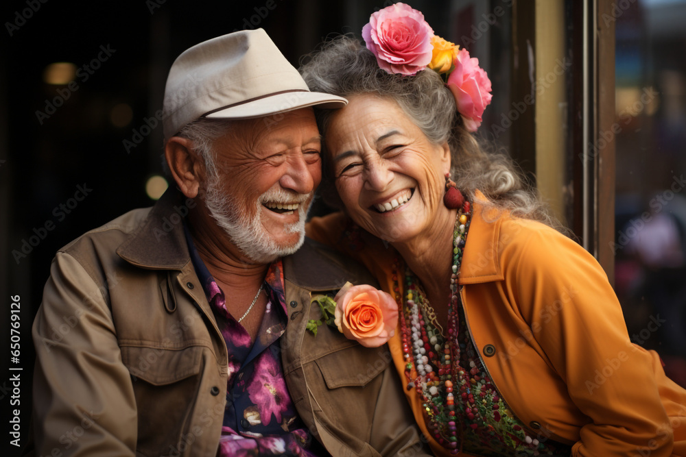 An elderly Hispanic couple enjoying outdoors, their love palpable made with AI