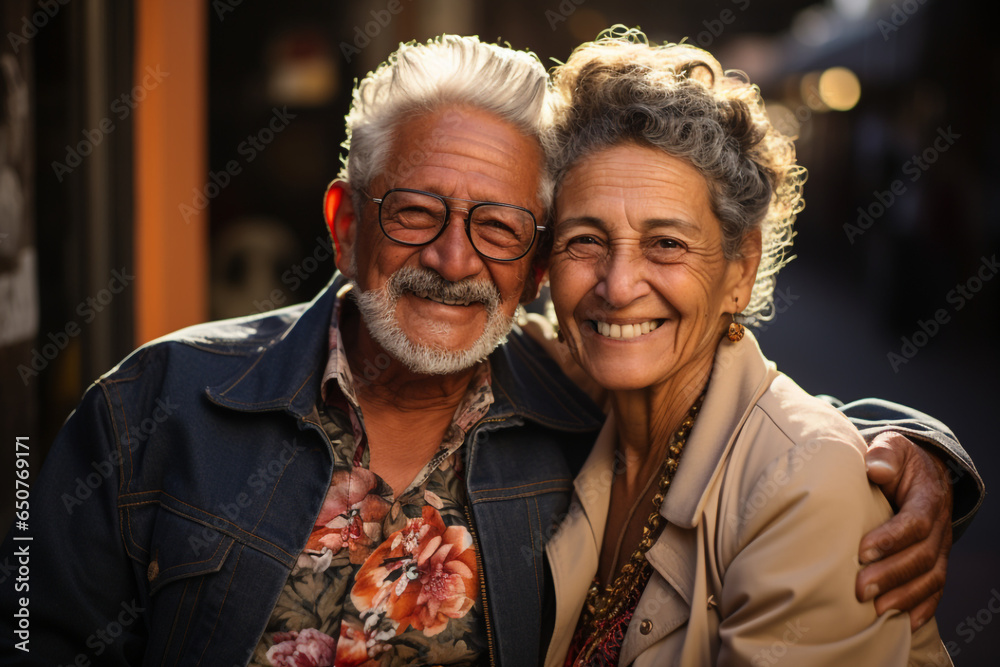 An elderly Hispanic couple enjoying outdoors, their love palpable made with AI