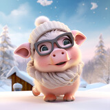 3D cartoon pig wearing a scarf Wear a cute hat on a snowy Christmas day. Generative AI