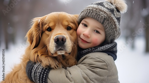 A small child hugs his pet golden retriever. Winter activity holidays. © arhendrix