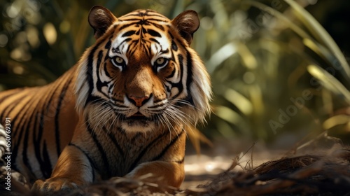 A majestic tiger resting on the ground