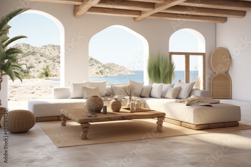 Spanish Modern Living Interior with Beautiful Arched Doorways Overlooking Beach Shoreline with Mountains in Summer © Bryan