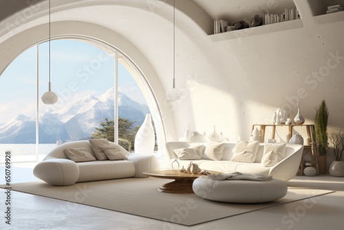 Contemporary Modern White Curved Wall Living Room Interior with Artist Stylish White Sofa and Globe Pendant Lights with Mountain Views