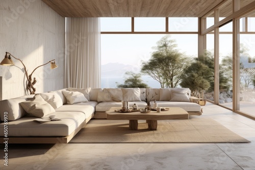 Luxury Modern Living Room Travel Destination in Summer with Eco Friendly Home Furniture and Wood Accent Ceiling. Nature Views Though Modern Windows
