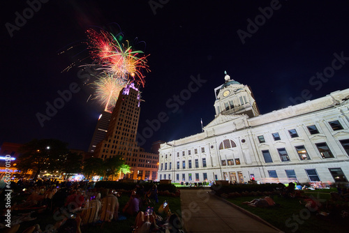 Colorful 4th of July fireworks over Lincoln Tower view from Fort Wayne courthouse lawn