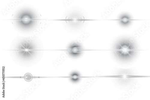 Special effect with rays of light and magic sparkles. White horizontal lens flares pack. Sunlight a translucent. Design of the light effect. Vector illustration.