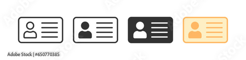 Id card icon. Identity symbol. Identification signs. Name, photo, information symbols. Personal pass icons. Black, flat color. Vector sign.