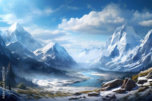 A beautiful view of a big snowy mountain range with a blue sky.