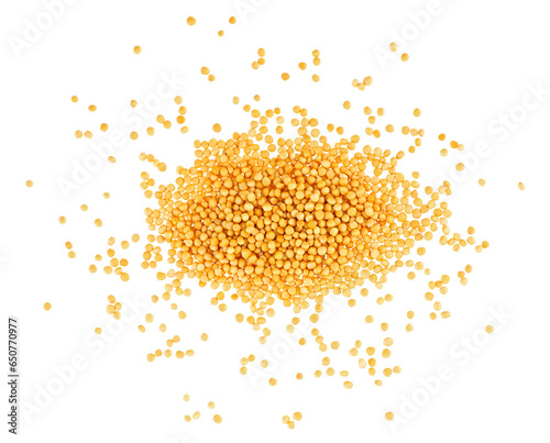 Pile of dried yellow mustard seeds isolated on a white background, top view. photo