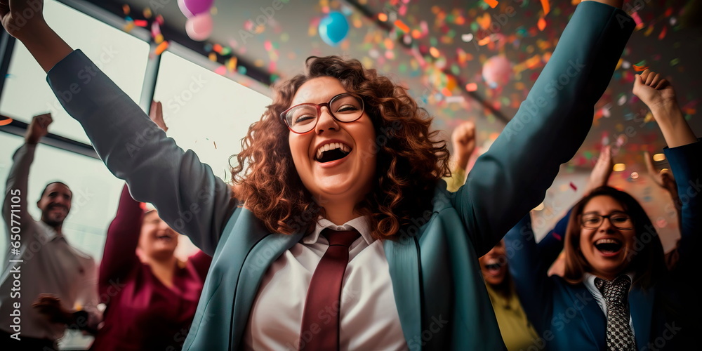 © Лилия Захарчук - plus-size manager celebrating a successful project completion with her team, highlighting her leadership and appreciation for her employees. Generative AI © Лилия Захарчук - plus-size manager celebrating a successful project completion with her team, highlighting her leadership and appreciation for her employees. Generative AI