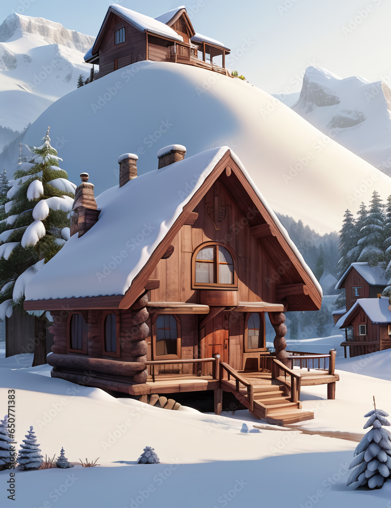 Wooden house in the snowy mountains, fantasy. AI.	
