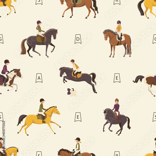 Children on ponies train in the equestrian arena, seamless vector pattern