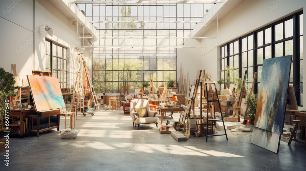 Contemporary Art Studio: A bright and airy space with large windows, designed for painting and creative endeavors. Easels, art supplies, and inspiring artwork are showcased 