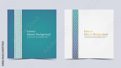 Luxury Islamic Background, White and Blue Arabic Islamic Elegant Background with Arabic Pattern and Decorative Ornament Frame.