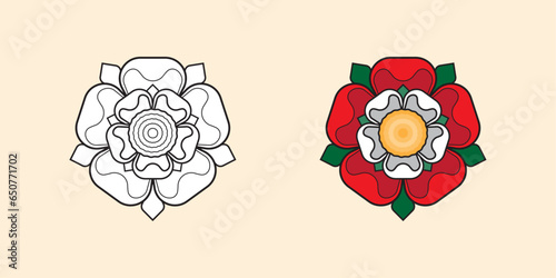 Tudor Rose of England | Black White Red Green Yellow Flat Aerial View Flower Vector Illustration