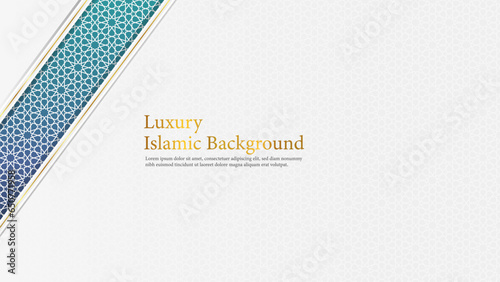 Luxury Islamic Background, White and Blue Arabic Islamic Elegant Background with Arabic Pattern and Decorative Ornament Frame.