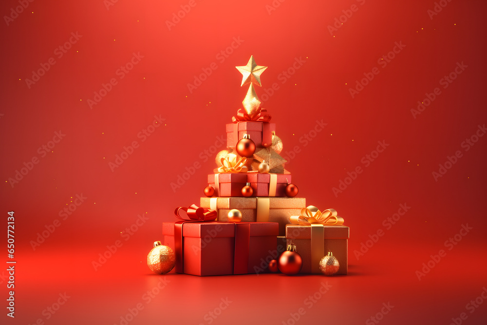 Christmas tree made with gifts. Red background