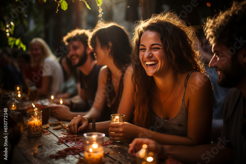Group of friends laughing and enjoying dinner at outdoor restaurant during summer made with AI