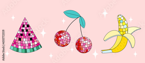 Disco mirror ball watermelon slice, cherry, banana in cartoon style. Vector funky illustration.