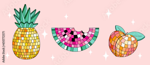 Disco mirror ball watermelon slice, pineapple, peach in cartoon style. Vector funky illustration.