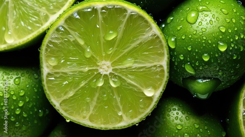 Close-up of fresh limes covered in water. Top view of healthy vegetables, food background