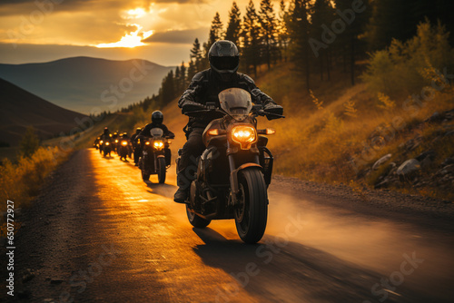 group of motorcycle riders riding together at sunset made with AI