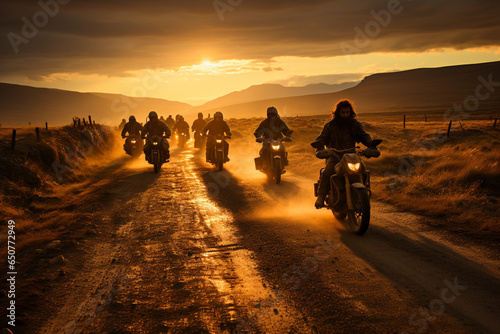 group of motorcycle riders riding together at sunset made with AI