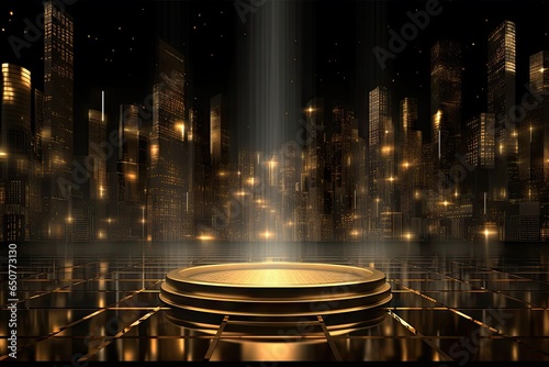 Wallpaper Mural Stage has golden neon lights on city background. Glimpse of future. Urban elegance. Midnight magic. Futuristic flare. Illuminating night Torontodigital.ca