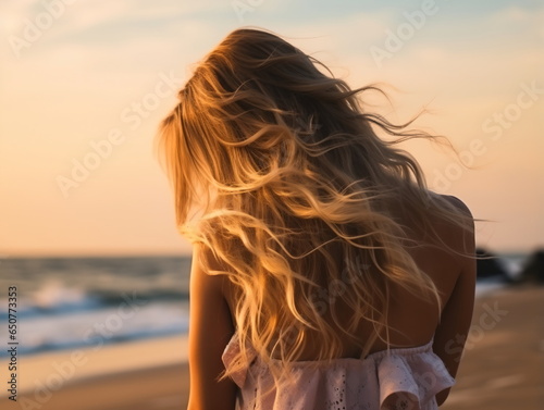 Outdoor fashion portrait of beautiful sensual lady wearing stylish maxi chiffon dress posing at sunset in the beach, have long blonde hairs bright make up and accessorizes photo