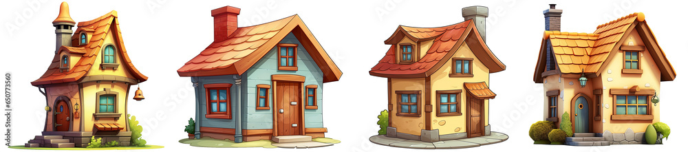 a group of illustrations of small houses, cartoon style house made of wood and stone a group of illustrations of small houses, cartoon style house made of wood and stone