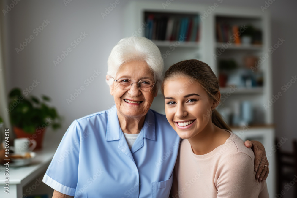 Smiling caregiver and happy senior woman in nursing home Smiling caregiver and happy senior woman in nursing home