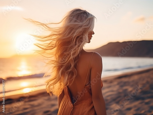 Outdoor fashion portrait of beautiful sensual lady wearing stylish maxi chiffon dress posing at sunset in the beach, have long blonde hairs bright make up and accessorizes photo