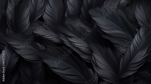 Close-up of black bird feathers print background. Backdrop for fashion, textile, print, banner © eireenz