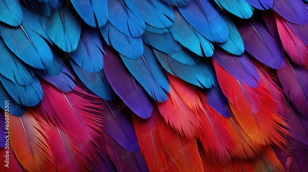 Close-up of colourful bird feathers print background. Parrot feathers backdrop for fashion, textile, print, banner Close-up of colourful bird feathers print background. Parrot feathers backdrop for fashion, textile, print, banner