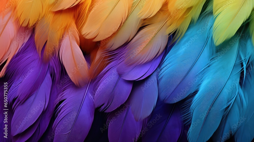 Obraz premium Close-up of colourful bird feathers print background. Parrot feathers backdrop for fashion, textile, print, banner