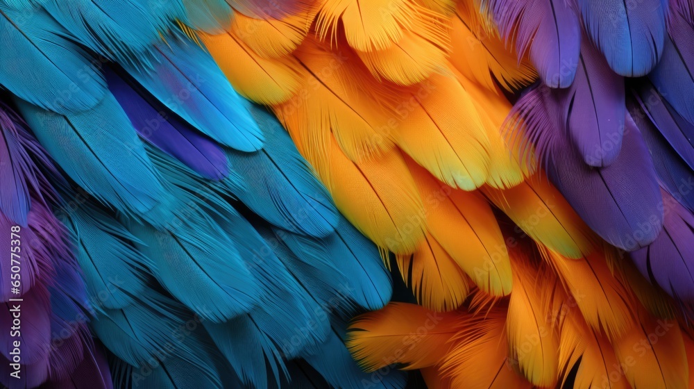 Fototapeta premium Close-up of colourful bird feathers print background. Parrot feathers backdrop for fashion, textile, print, banner