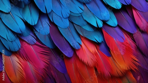 Close-up of colourful bird feathers print background. Parrot feathers backdrop for fashion, textile, print, banner © eireenz